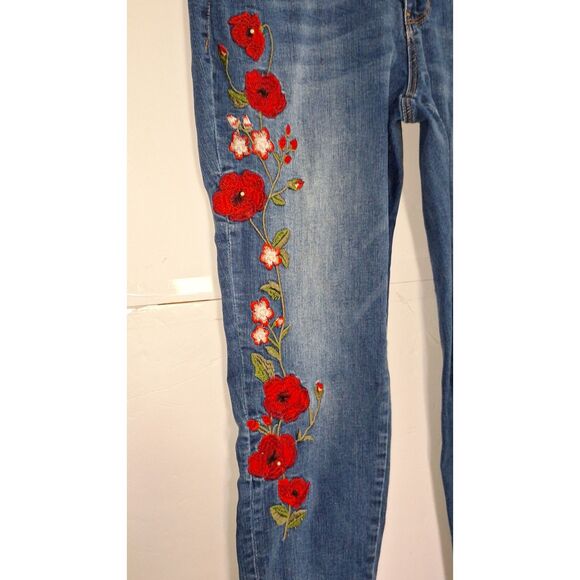 Women's Denim Jegging Embroidered Skinny Leg Mid Rise Embellished Medium Wash 12 - Picture 3 of 6